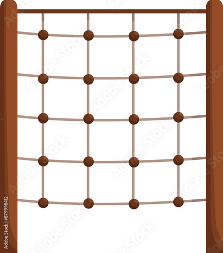 Rope climbing frame with wooden pillars is waiting for kids to have fun while training and developing climbing skills