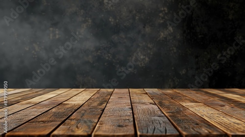 A wooden table with a dark background and a blurry smoke in the background