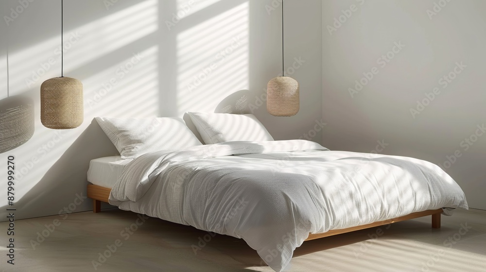 A minimalist bedroom with a low platform bed and neutral tones creating a serene and uncluttered atmosphere perfect for relaxation and rest in a modern home setting Illustration, Image, , Minimalism, A minimalist bedroom with a low platform bed and neutral tones creating a serene and uncluttered atmosphere perfect for relaxation and rest in a modern home setting Illustration, Image, , Minimalism,