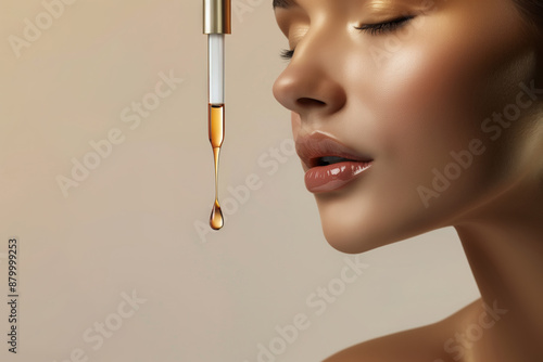 Close up photo of a beautiful face with shiny skin and eyes closed, a cosmetic pipette with a gold oil drop near the face, skin health care concept photo