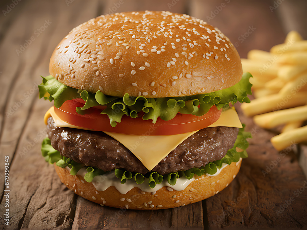 Tasty Cheeseburger with french fries and fire, with tomatoes lettuce and pickles on a wooden plate and friest at the back Tasty Cheeseburger with french fries and fire, with tomatoes lettuce and pickles on a wooden plate and friest at the back