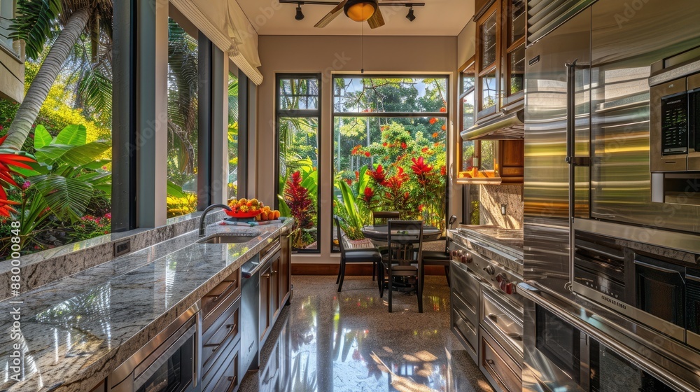 A high-end kitchen with a breakfast nook, stainless steel appliances, marble countertops, and large windows overlooking a vibrant garden. A high-end kitchen with a breakfast nook, stainless steel appliances, marble countertops, and large windows overlooking a vibrant garden.