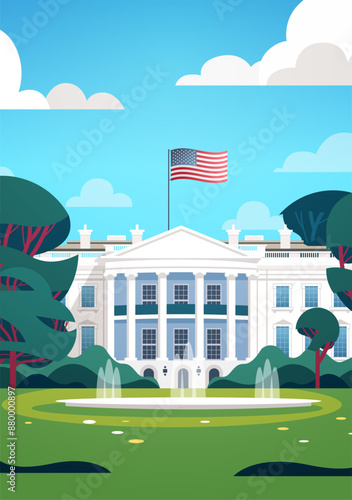 White House US presidential election illustration featuring the White House with an American flag on top surrounded by trees under a clear blue sky