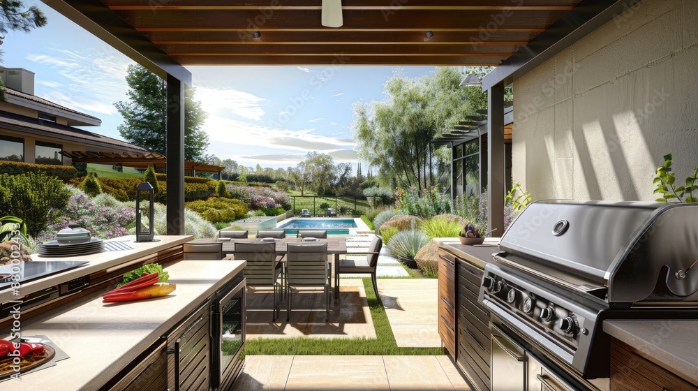A high-end outdoor kitchen with a barbecue grill, a dining area, and a view of a beautifully landscaped garden and pool. A high-end outdoor kitchen with a barbecue grill, a dining area, and a view of a beautifully landscaped garden and pool.