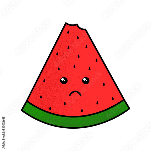 Illustration vector graphic of watermelon slice isolated on white background. Sad watermelon kawaii.