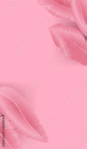 Pink tropical leaves on a pink background minimalist botanical design modern nature-inspired art