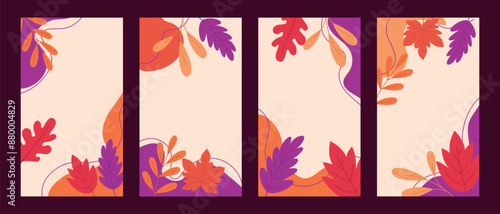 Set of autumn backgrounds with bright orange, red and purple autumn leaves.