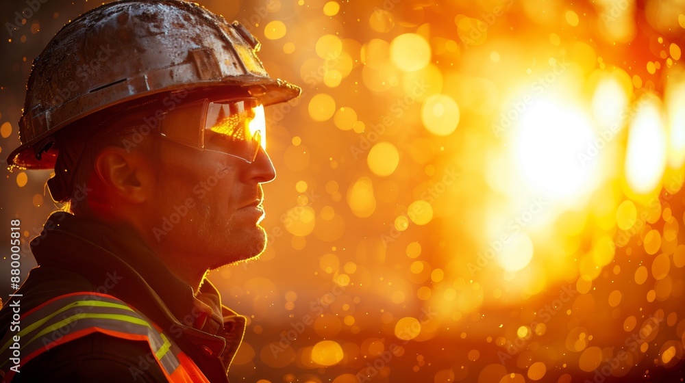 Construction worker in helmet silhouetted by skyscraper at sunset with dramatic sky Construction worker in helmet silhouetted by skyscraper at sunset with dramatic sky