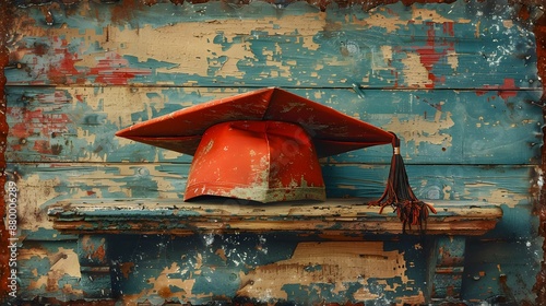A red graduation cap sits on a wooden shelf - generative AI