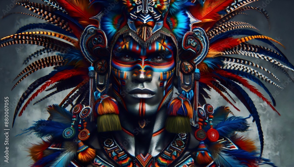 Fototapeta premium Indígenas Latinoamericanos, arte, digital, surrealismo, retrato, étnico, indígena, exótico, plumas, tribal, realismo, fotográfico, maquillaje, artístico, moda, vibrante, fantasía, detalles, ornamental
