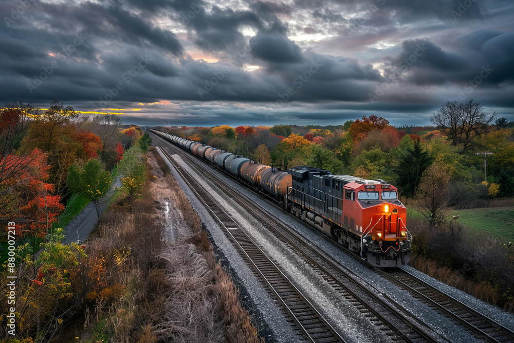 Aerial view of a freight train traveling along the tracks along the fields
Aerial view of a freight train traveling along the tracks along the fields