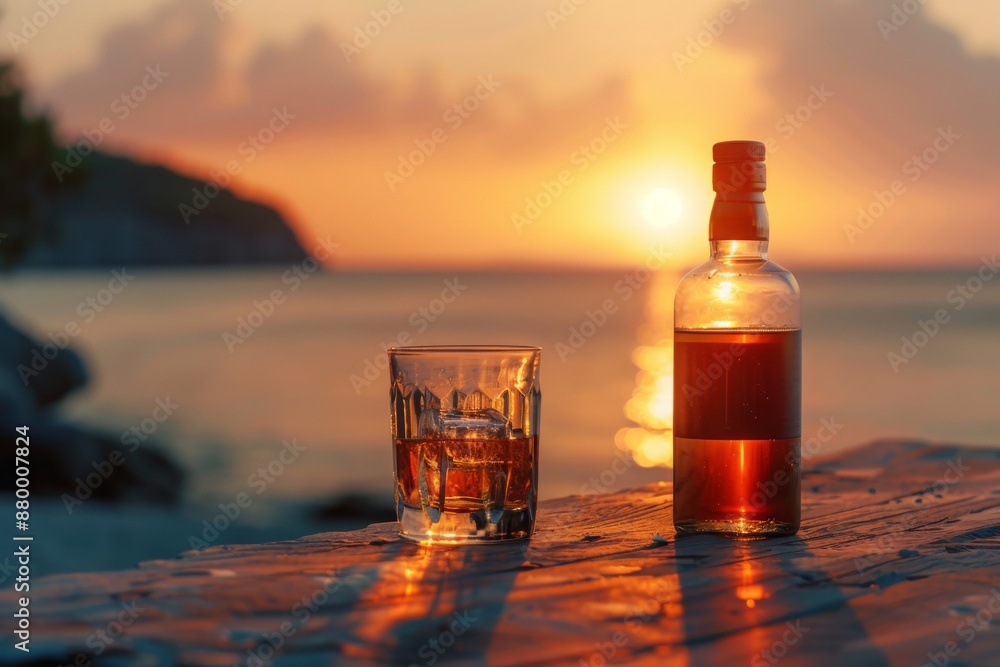 Bottle and glass of Whisky on a table with beach sea and sunset in background Bottle and glass of Whisky on a table with beach sea and sunset in background