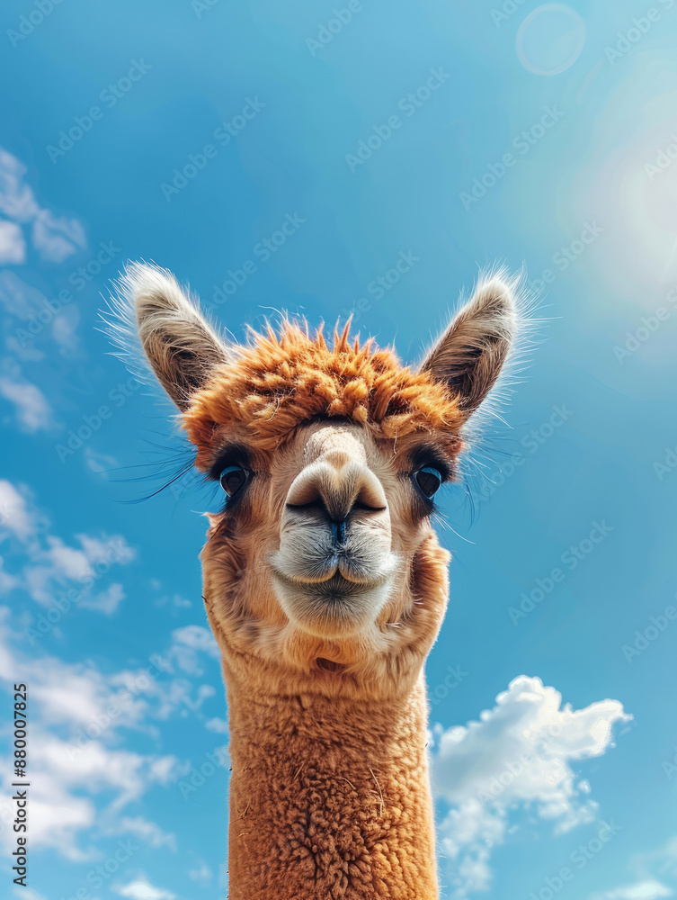 Obraz premium Curious alpaca looking at the camera against the background of a bright blue sky with clouds vertical with space for text or inscriptions