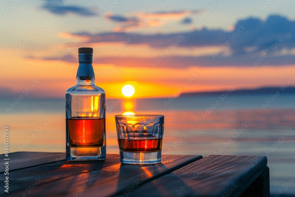 Bottle and glass of Whisky on a table with beach sea and sunset in background