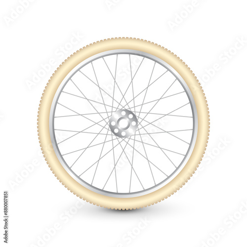 Realistic 3d retro bicycle wheel. Bike rubber tire, shiny metal spokes and rim. Fitness cycle, touring, sport, road and mountain bike. Vector illustration