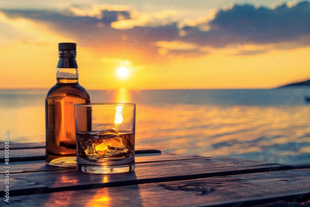 Bottle and glass of Whisky on a table with beach sea and sunset in background Bottle and glass of Whisky on a table with beach sea and sunset in background