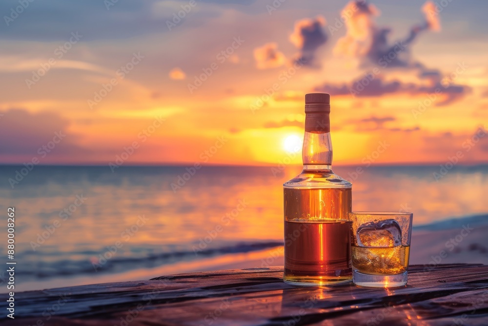 Bottle and glass of Whisky on a table with beach sea and sunset in background Bottle and glass of Whisky on a table with beach sea and sunset in background