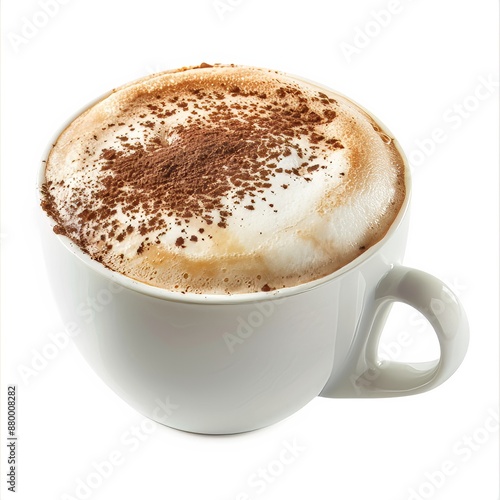 A classic cappuccino with a thick layer of frothy milk and a dusting of cocoa powder, isolated white background, realism art style