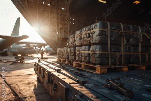 Military cargo on a plane at the airport. War aid or war cargo in the open part of the plane, close up
 photo