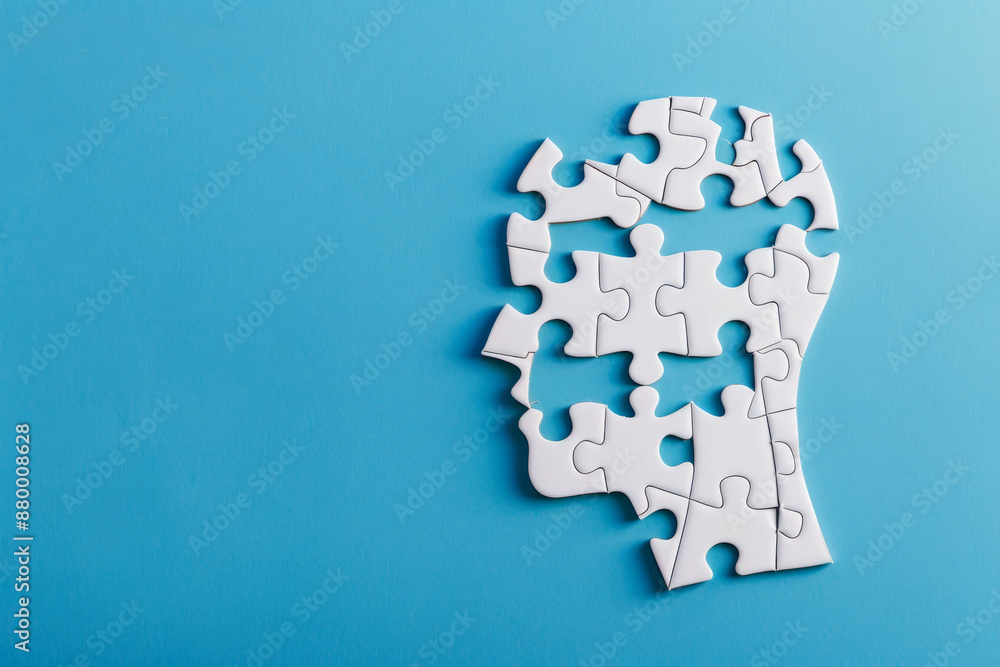 Head as a puzzle with missing puzzle pieces on blue background with space for text or inscriptions, top view
