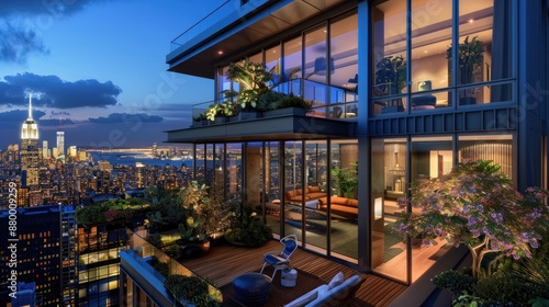 A luxurious penthouse apartment with floor-to-ceiling windows, a rooftop garden, and a panoramic view of the city at night.