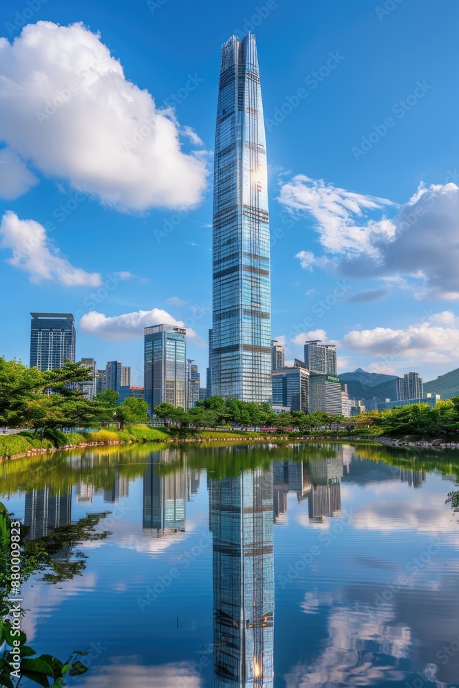 Fototapeta premium A large structure situated on calm water, ideal for landscape or architecture compositions