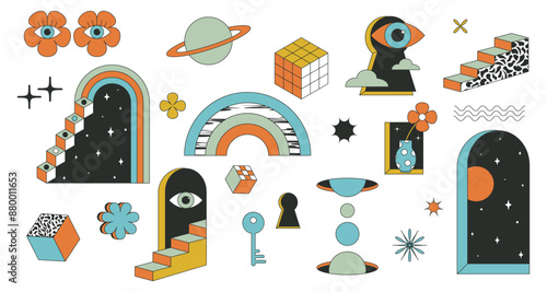 Surrealism elements psychedelic modern. Surreal geometric abstract shapes. Arch, staircase, rainbow. Vector shapes in trippy style. Window and vase with flower. Set. Illustration on white background.