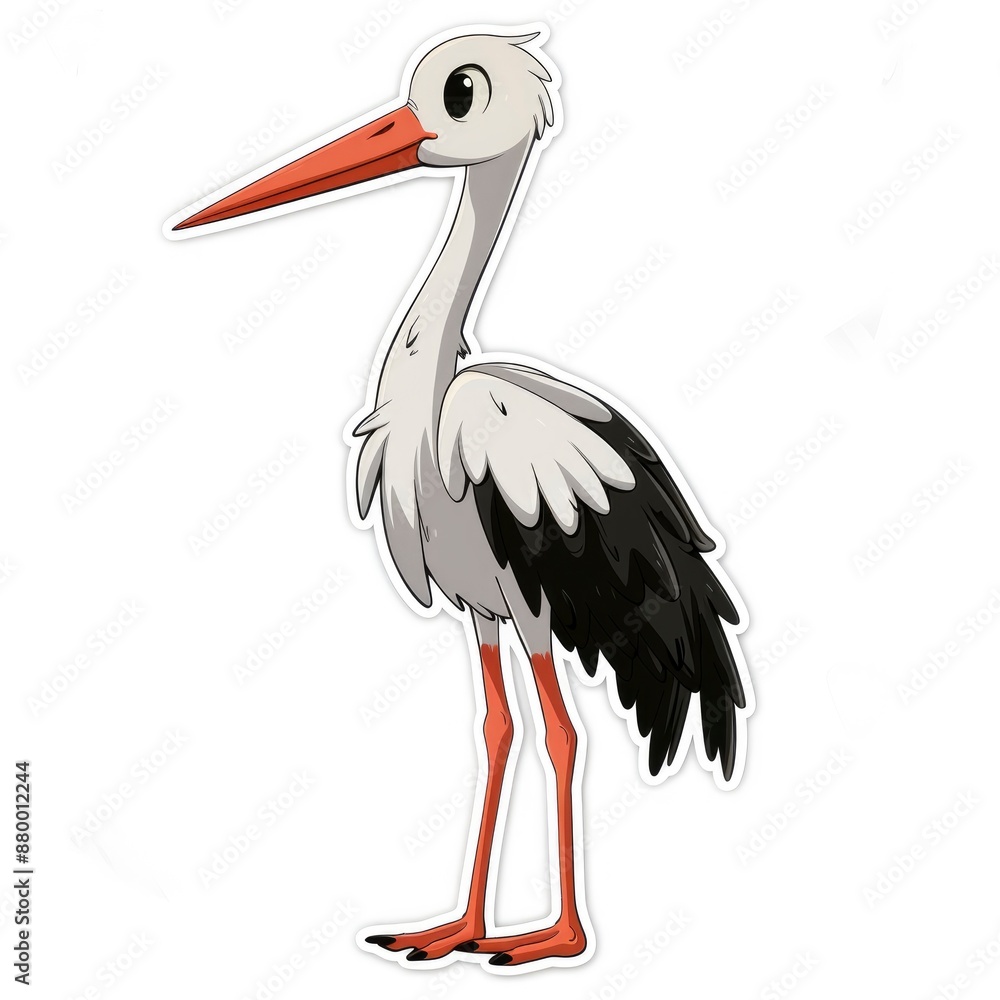 Fototapeta premium Sticker, stork with a baby bundle in the style of cartoon style on a white background, Drawn in a cutely cute style