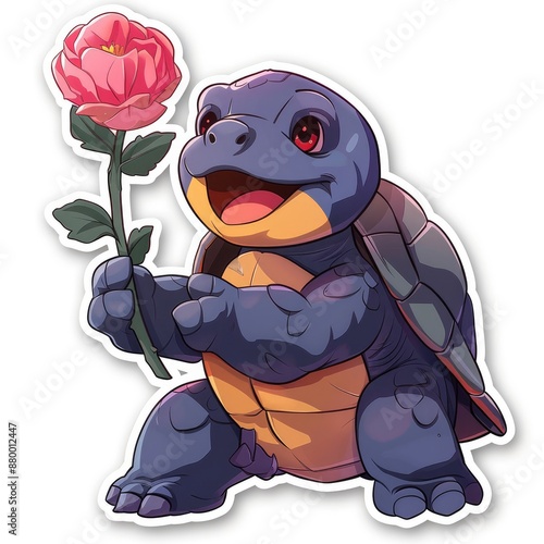  Sticker, turtle with a flower shell painting a picture in the style of cartoon style on a white background, Drawn in a cutely cute style