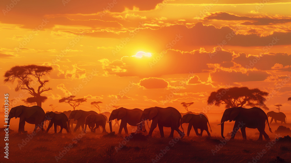 Elephants walk along African savanna. Herd of large animals at sunset. Safari on African continent. Small and adult elephants in natural park Elephants walk along African savanna. Herd of large animals at sunset. Safari on African continent. Small and adult elephants in natural park