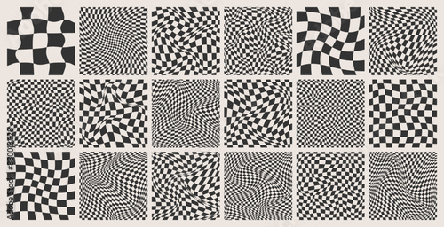 Trendy checkered pattern, black and white distorted tiled grid. Wavy curved backdrop, distortion effect. Funky geometric chessboard texture, retro background in 90s style, y2k. Vector illustration