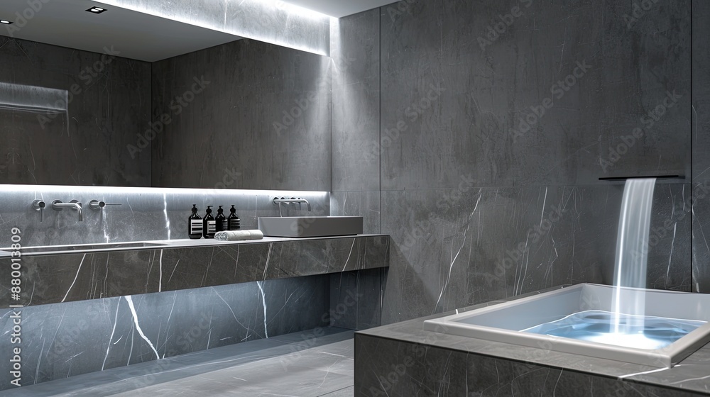 Image showcasing A minimalist grey marble bathroom with under-cabinet LED lighting, a ...