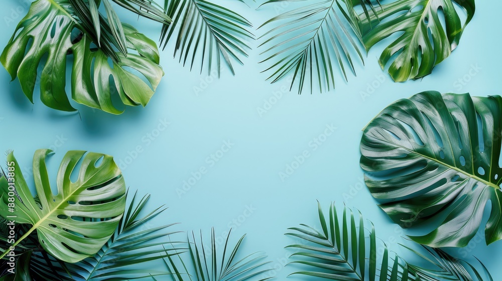 Tropical palm leaves on pastel blue background in a summer themed composition Tropical palm leaves on pastel blue background in a summer themed composition