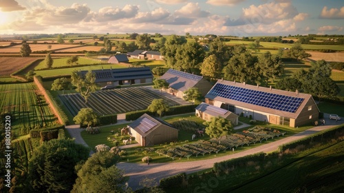 A modern countryside estate with acres of farmland, its traditional barns and outbuildings equipped with solar panels to power agricultural operations sustainably. photo