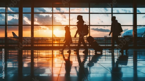 Silhouettes of people in airport, family travel..