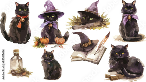 witches cat watercolor clipart