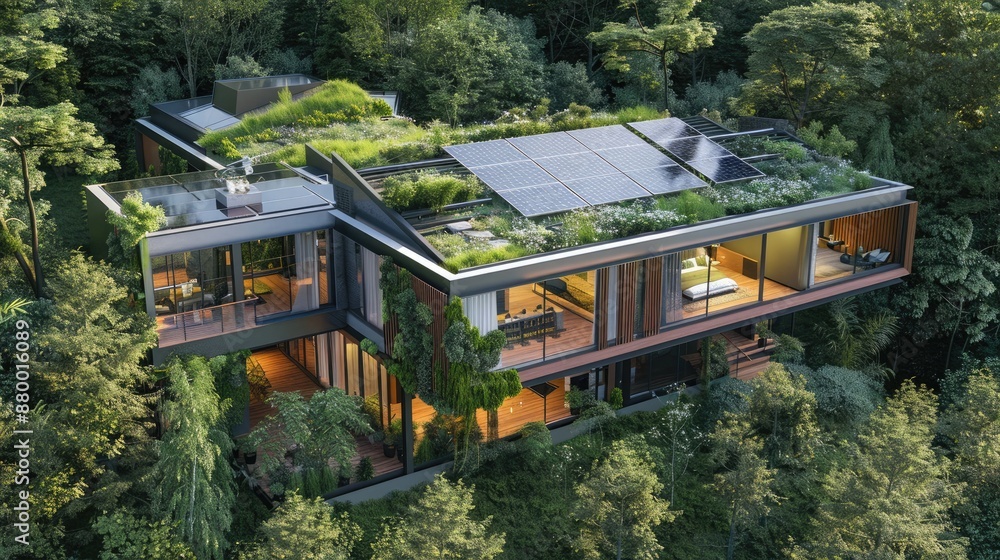 Naklejka premium A modern eco-friendly home with solar panels, a green roof, and a seamless blend into the surrounding forest.