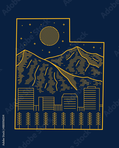 The night view of Salt lake city mono line design art for t shirt badge patch sticker illustration