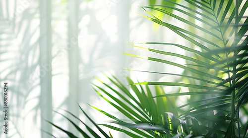 Luxury summer background. Palm tree and clear sky. Blurred bokeh lights effect. White Ribbed Background. Green palm with reeded glass.