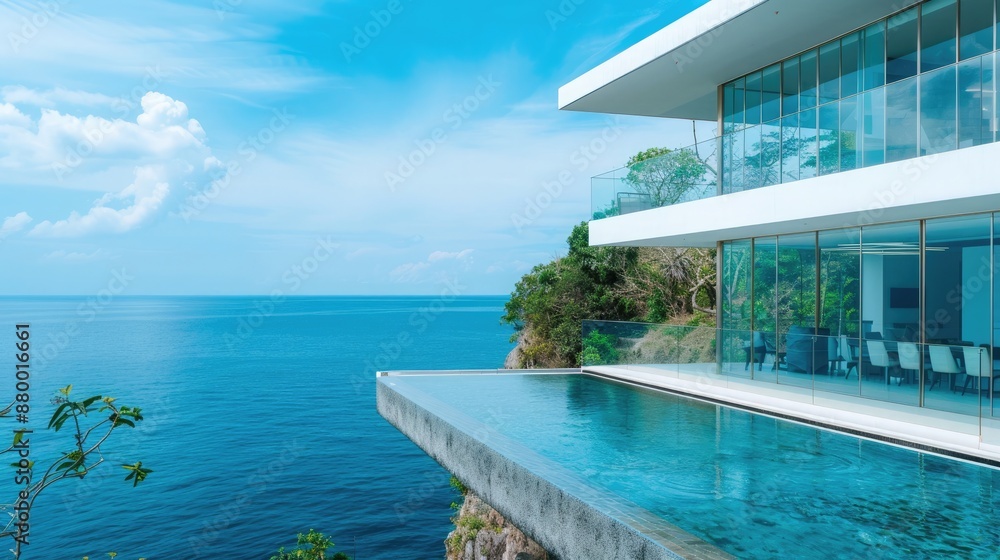 Fototapeta premium A modern glass house on a cliff, with an infinity pool overlooking the ocean and a minimalist design.