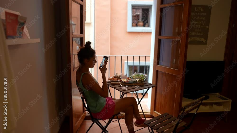 A young woman at her apartment, having breakfast on the balcony in a peaceful environment A young woman at her apartment, having breakfast on the balcony in a peaceful environment