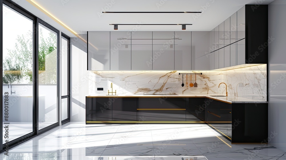 A modern kitchen with sleek black and white cabinets, shimmering golden fixtures, and pristine marble tiles, illuminated by natural sunlight streaming through large windows. A modern kitchen with sleek black and white cabinets, shimmering golden fixtures, and pristine marble tiles, illuminated by natural sunlight streaming through large windows.