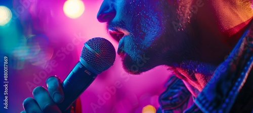 Passionate Karaoke Performance with Colorful Stage Lights - Vibrant and Energetic Atmosphere