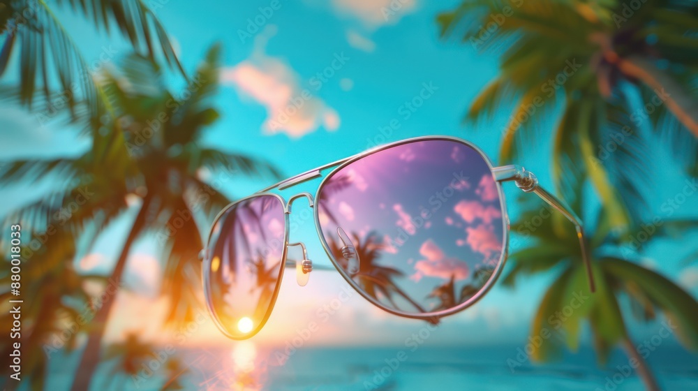 Stylish Sunglasses Reflecting Palm Trees and Sunset, Beach Chic Backdrop for Summer Fashion, Travel and Lifestyle Photography Stylish Sunglasses Reflecting Palm Trees and Sunset, Beach Chic Backdrop for Summer Fashion, Travel and Lifestyle Photography