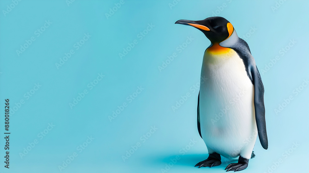 Fototapeta premium Minimalist modern design poster featuring a simple elegant of a penguin in black and white with negative space on a vibrant blue background This image could be used for animal wildlife nature