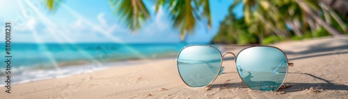 Palm Tree Paradise Stylish Sunglasses on a Pristine Beach, Capturing the Essence of Tropical Elegance The perfect blend of nature and fashion, these sunglasses create a serene and stylish backdrop © pisan