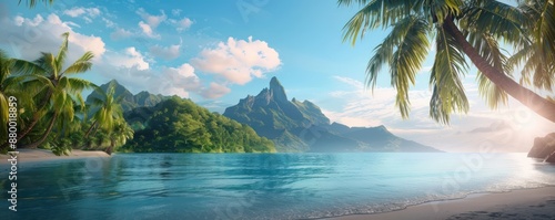 Tranquil Beach Scene with Palm Trees and Lush Mountains, Perfect for Relaxation Backdrop, Tropical Escape, and Peaceful Atmosphere