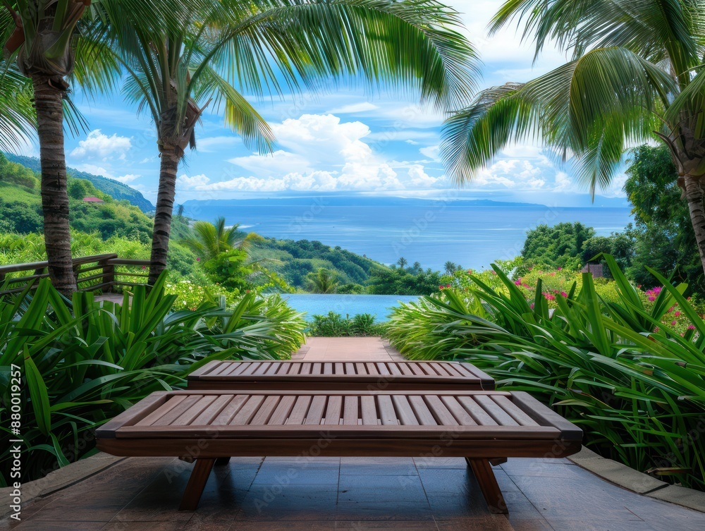 Fototapeta premium Serene Tropical Paradise Relaxing Scene with Palm Trees and Scenic Ocean Backdrop for Vacation and Leisure