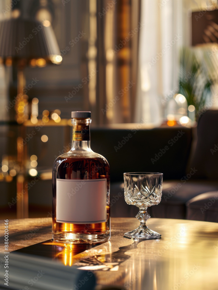 A bottle of whiskey with blank label sits on a wooden barrel A bottle of whiskey with blank label sits on a wooden barrel