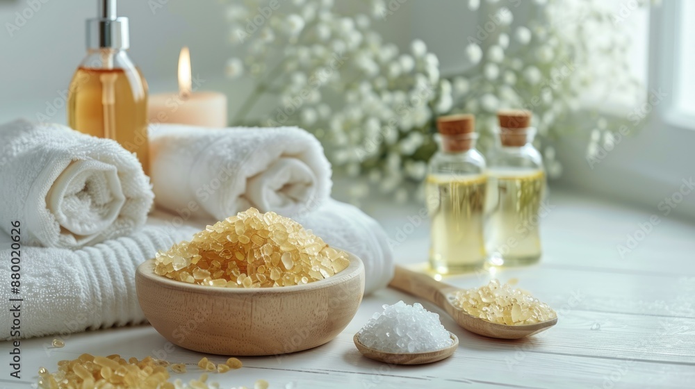 Wellness concept with spa bath accessories bath salts and beauty products on white table Wellness concept with spa bath accessories bath salts and beauty products on white table